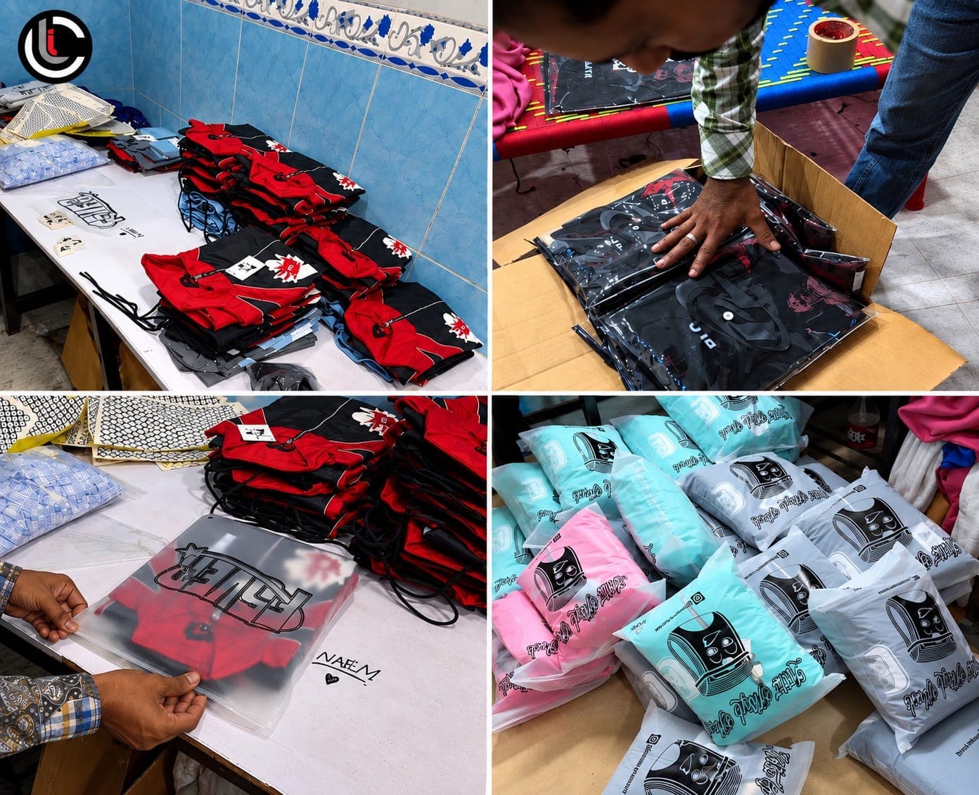 Close-up of branded packaging — boxes, tissue paper, and hang tags
